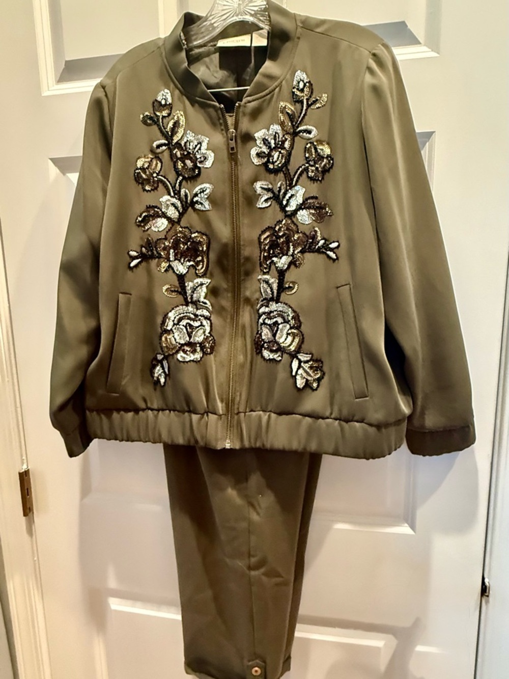 Chico's Olive Floral Sequin Bomber Jacket